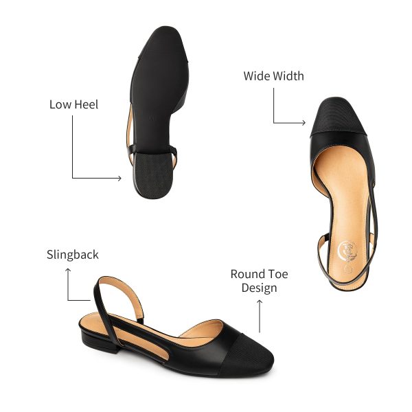 Slingback Flats for Women, Black Dressy Comfortable Round Square Toe Shoes, Work Office Casual Ankle Strap Dress Flats