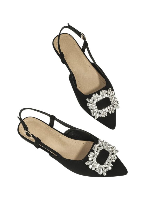 Women's Rhinestone Decor Pointed Toe Slingback Flats Faux Suede Dress Sandals