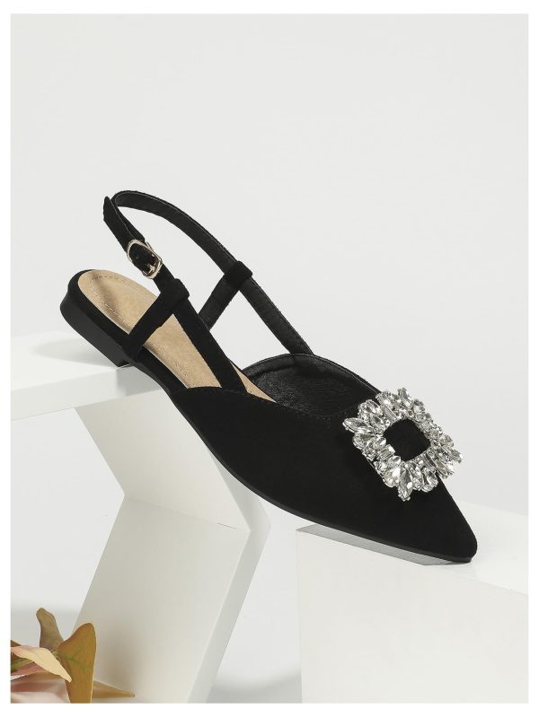 Women's Rhinestone Decor Pointed Toe Slingback Flats Faux Suede Dress Sandals