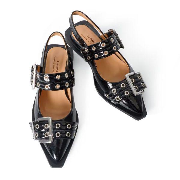 Slingback Flats Ballerinas Flats Buckle Ballet Flats for Women Wide Welt Squared Block Heel Dress Shoes