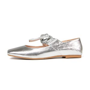 Ballet Flats for Women Square Toe Leather Bow Mary Janes Comfortable Casual Office Walk Dress Shoes