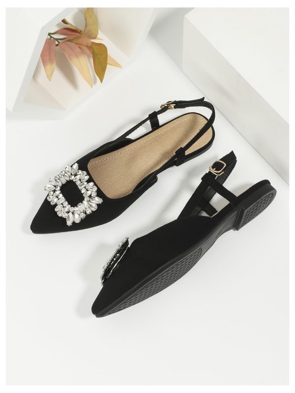 Women's Rhinestone Decor Pointed Toe Slingback Flats Faux Suede Dress Sandals