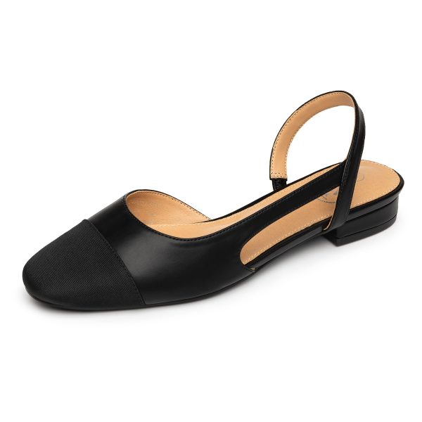 Slingback Flats for Women, Black Dressy Comfortable Round Square Toe Shoes, Work Office Casual Ankle Strap Dress Flats