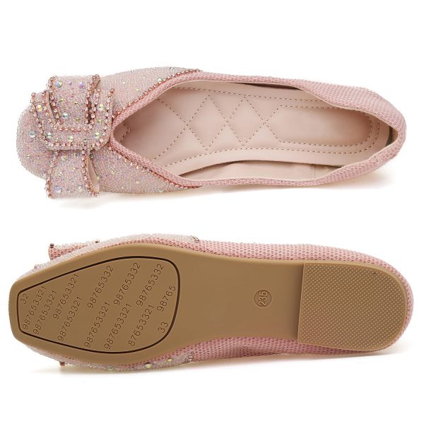 Women's Square Head Flat Shoes Fashion Glittering Rhinestone Bride Wedding Dress Shoes Comfortable Non Slip Slip on Walking