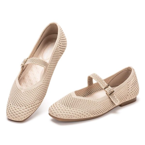 Womens Casual Flat Shoes Square Toe Shoes Knitted Mesh Flat Comfort Work Flat Shoes for Daily Washable