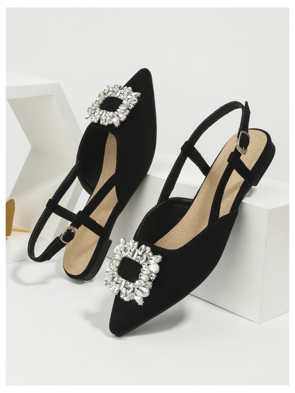 Women's Rhinestone Decor Pointed Toe Slingback Flats Faux Suede Dress Sandals