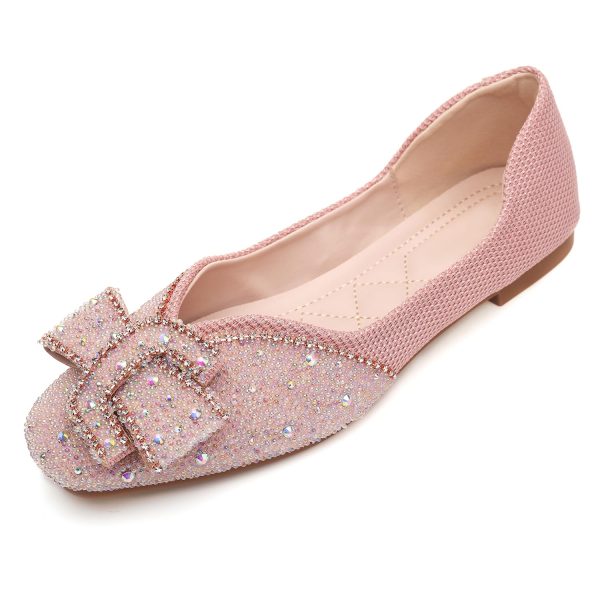 Women's Square Head Flat Shoes Fashion Glittering Rhinestone Bride Wedding Dress Shoes Comfortable Non Slip Slip on Walking