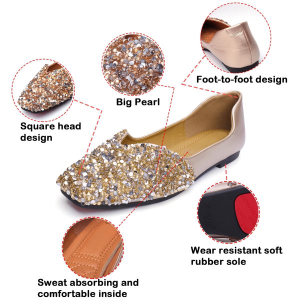 Flats Shoes Women Rhinestone Square Fashion Ballet Flats Wedding Flats for Women Comfortable Slip on Low Heel Dress Shoes