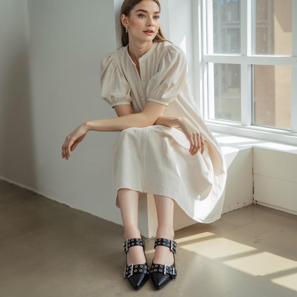 Slingback Flats Ballerinas Flats Buckle Ballet Flats for Women Wide Welt Squared Block Heel Dress Shoes