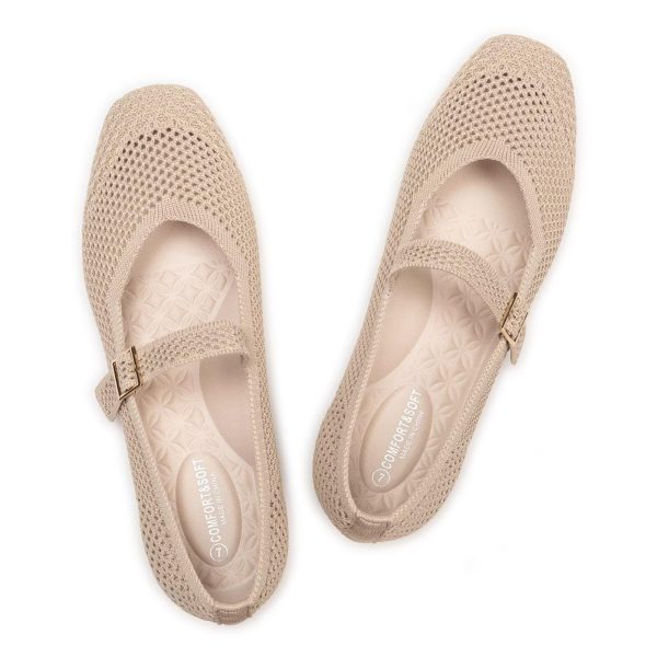 Womens Casual Flat Shoes Square Toe Shoes Knitted Mesh Flat Comfort Work Flat Shoes for Daily Washable