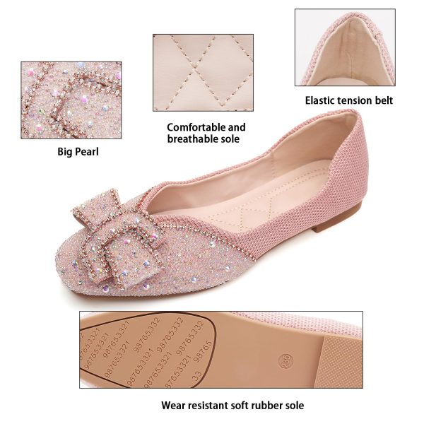 Women's Square Head Flat Shoes Fashion Glittering Rhinestone Bride Wedding Dress Shoes Comfortable Non Slip Slip on Walking