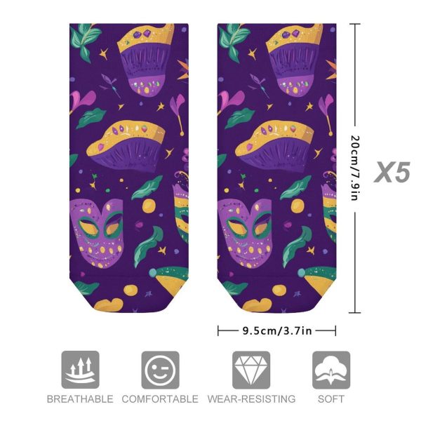 Mardi And Gras Masks Hats Drums 5 Pairs Ankle Socks Low-Cut Non Slip Athletic Running Flat Sock for Men And Women