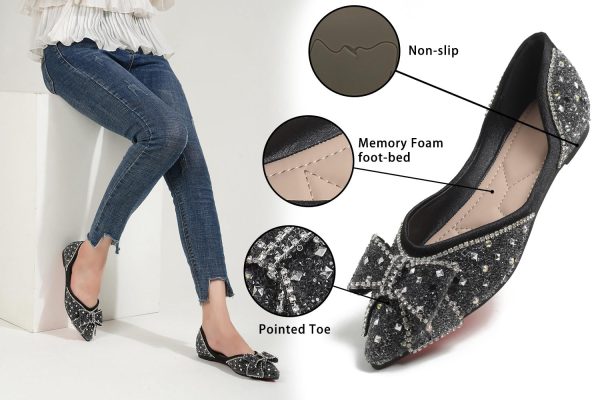 Flats Shoes Women Rhinestone Wedding Flats Comfort Pointed Toe Ballet Flat Shoe Low Heel Dress Shoes Sparkly Flats for Women