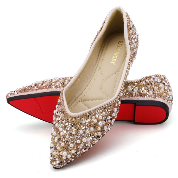 Women's Rhinestone Flats Fashion Pointed Toe Pearl Diamond Low Heel Dress Wedding Flats Work Business Dance Ballet Flats