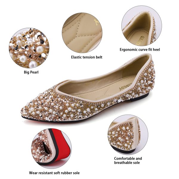 Women's Rhinestone Flats Fashion Pointed Toe Pearl Diamond Low Heel Dress Wedding Flats Work Business Dance Ballet Flats