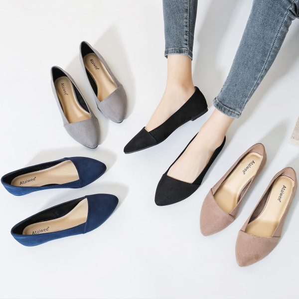 Women's Wide Width Flat Shoes, Classic Dressy Pointed Suede Cozy Slip on Soft Ballet Flats.