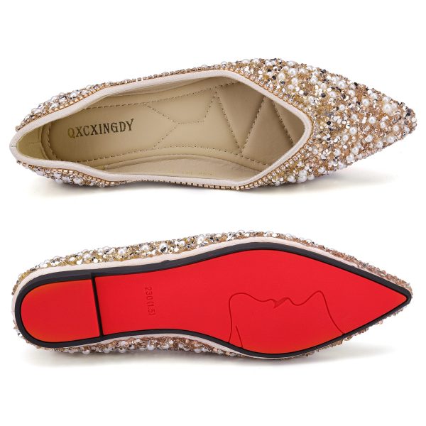 Women's Rhinestone Flats Fashion Pointed Toe Pearl Diamond Low Heel Dress Wedding Flats Work Business Dance Ballet Flats