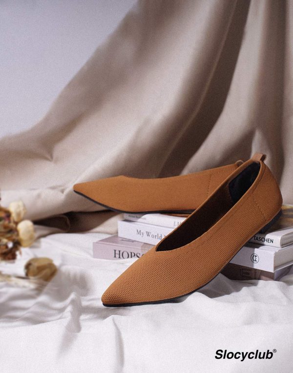 Flat Shoes for Women Classic Pointed Toe Slip On Ballet Shoes Knitted Texture Black Comfortable Dress Shoes